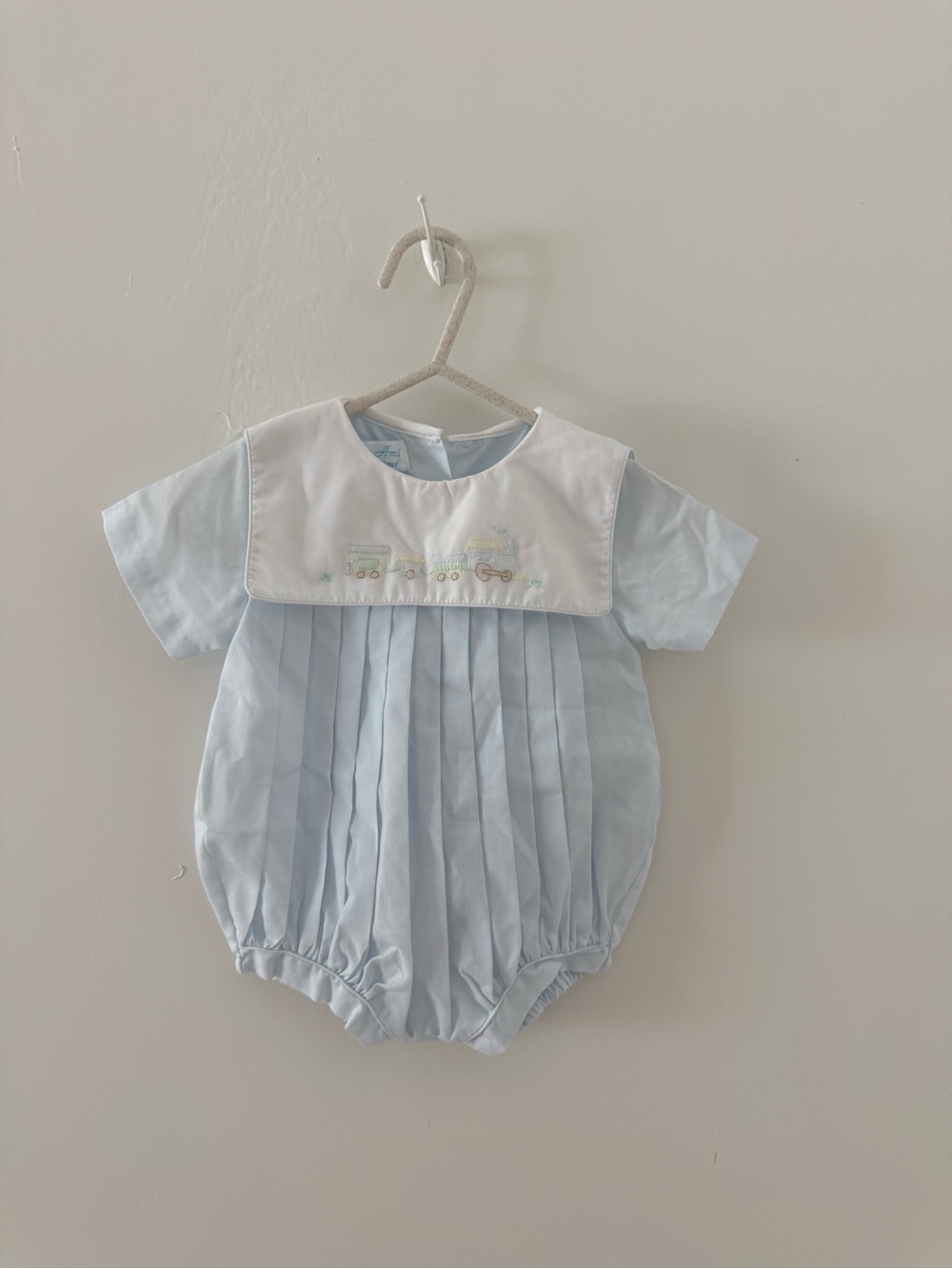 Vintage Petit Ami Light Blue Pleated Boys Romper with White Bib